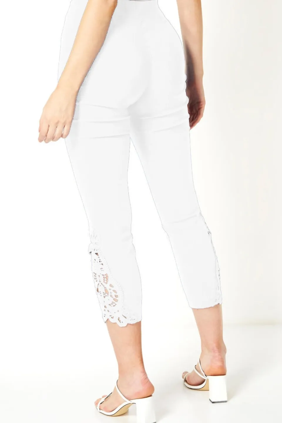 Trousers>Roman Lace Insert Crop Stretch Trousers White