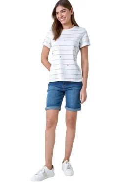 T-Shirts>Roman White Lightning Embroidery Stripe Stretch T Shirt