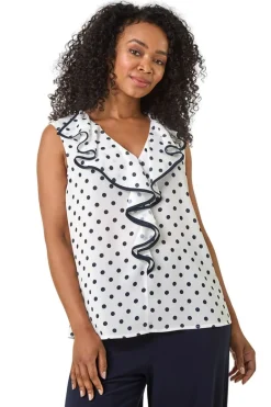 Tops>Roman White Petite Contrast Spot Print Frill Top