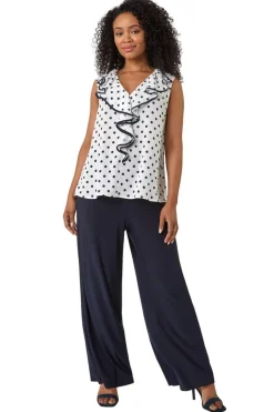 Tops>Roman White Petite Contrast Spot Print Frill Top