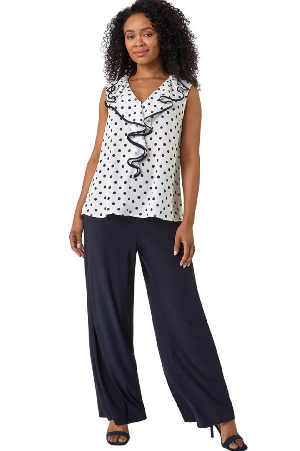 Tops>Roman White Petite Contrast Spot Print Frill Top