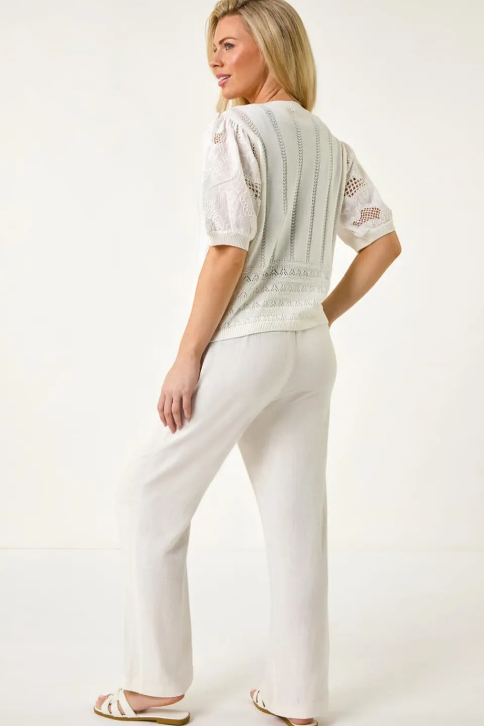 Tops>Roman White Petite Embroidered Sleeve Knit Cardigan