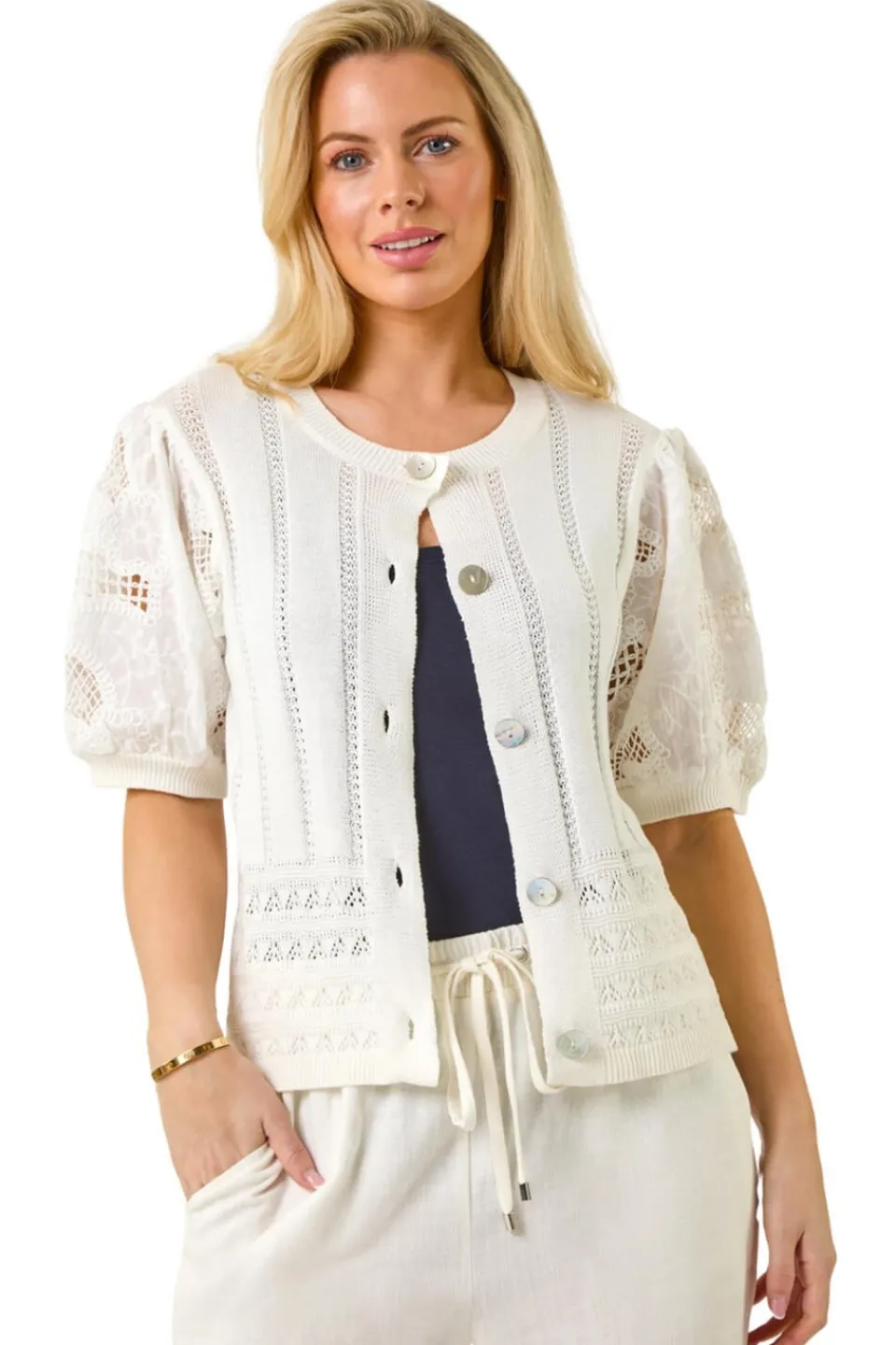 Tops>Roman White Petite Embroidered Sleeve Knit Cardigan
