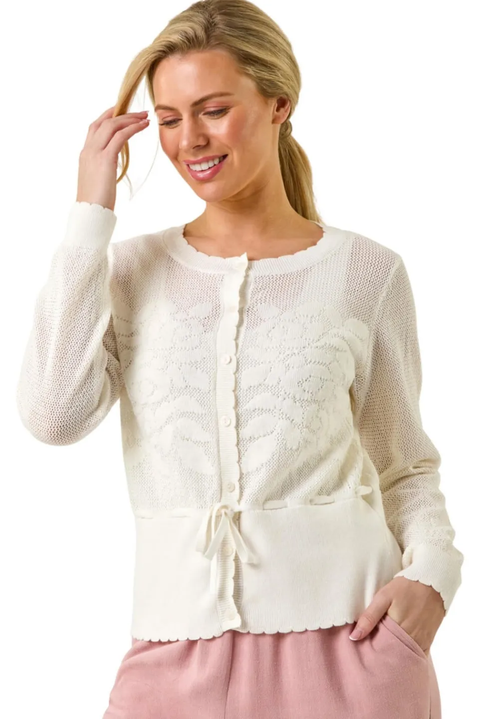 Tops>Roman White Petite Floral Button Up Cardigan