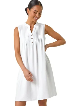 Dresses>Roman White Petite Pintuck Pocket Dress