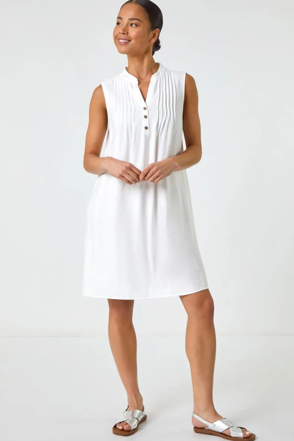 Dresses>Roman White Petite Pintuck Pocket Dress