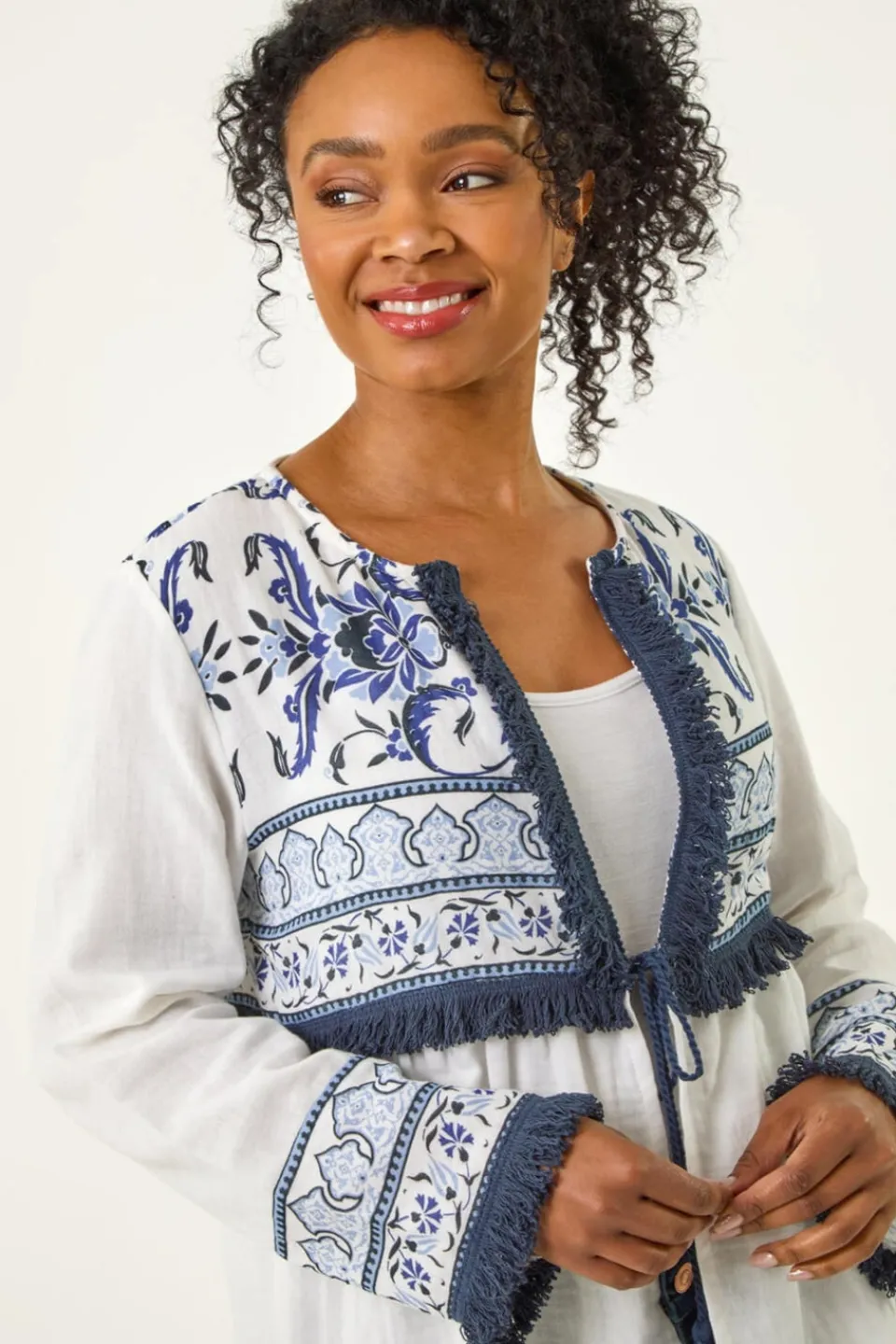 Coats & Jackets>Roman White Petite Tassel Detail Jacket