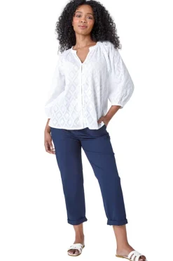 Tops>Roman White Petite Textured V Neck Cotton Blouse