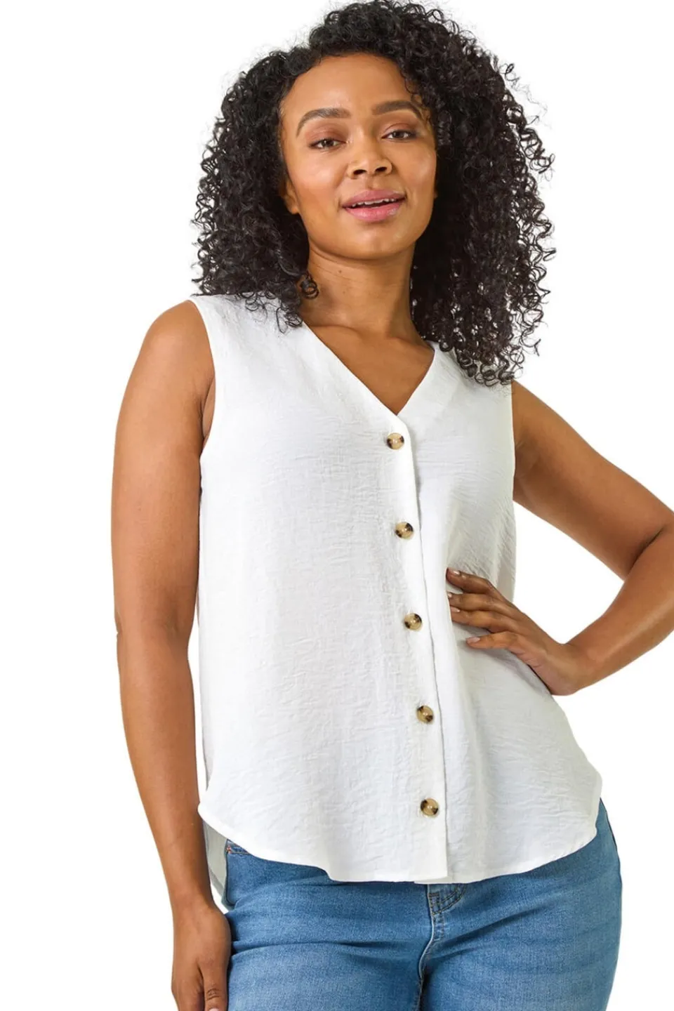 Tops>Roman White Petite V Neck Front Button Blouse