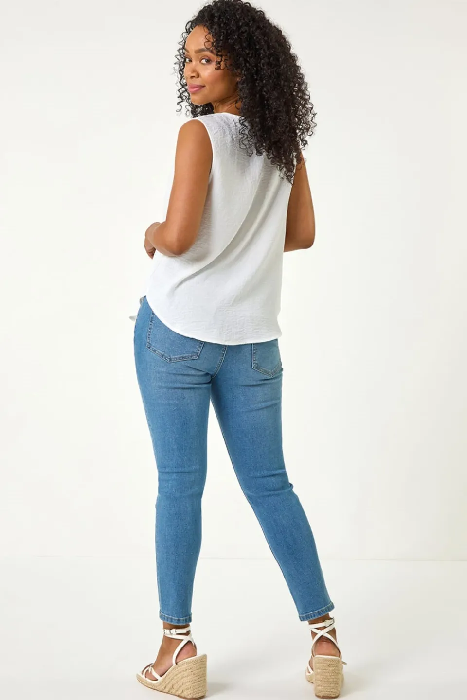 Tops>Roman White Petite V Neck Front Button Blouse