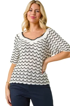 Tops>Roman White Petite Wave Print V-Neck Knit Jumper
