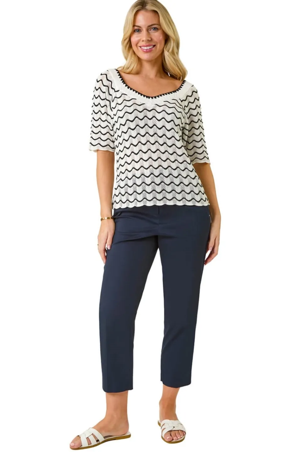 Tops>Roman White Petite Wave Print V-Neck Knit Jumper