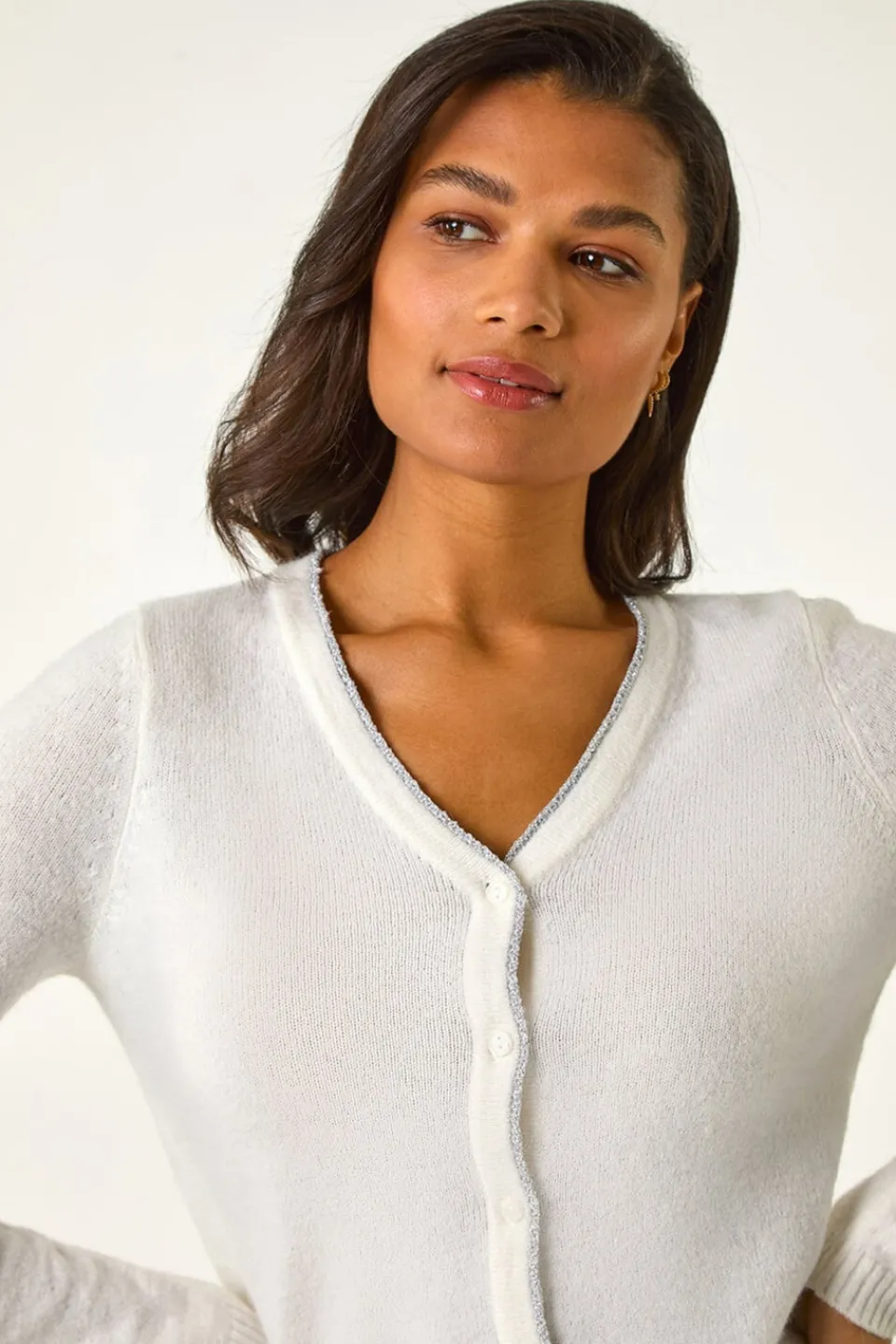 Tops>Roman Shimmer V-Neck Ribbed Cardigan White