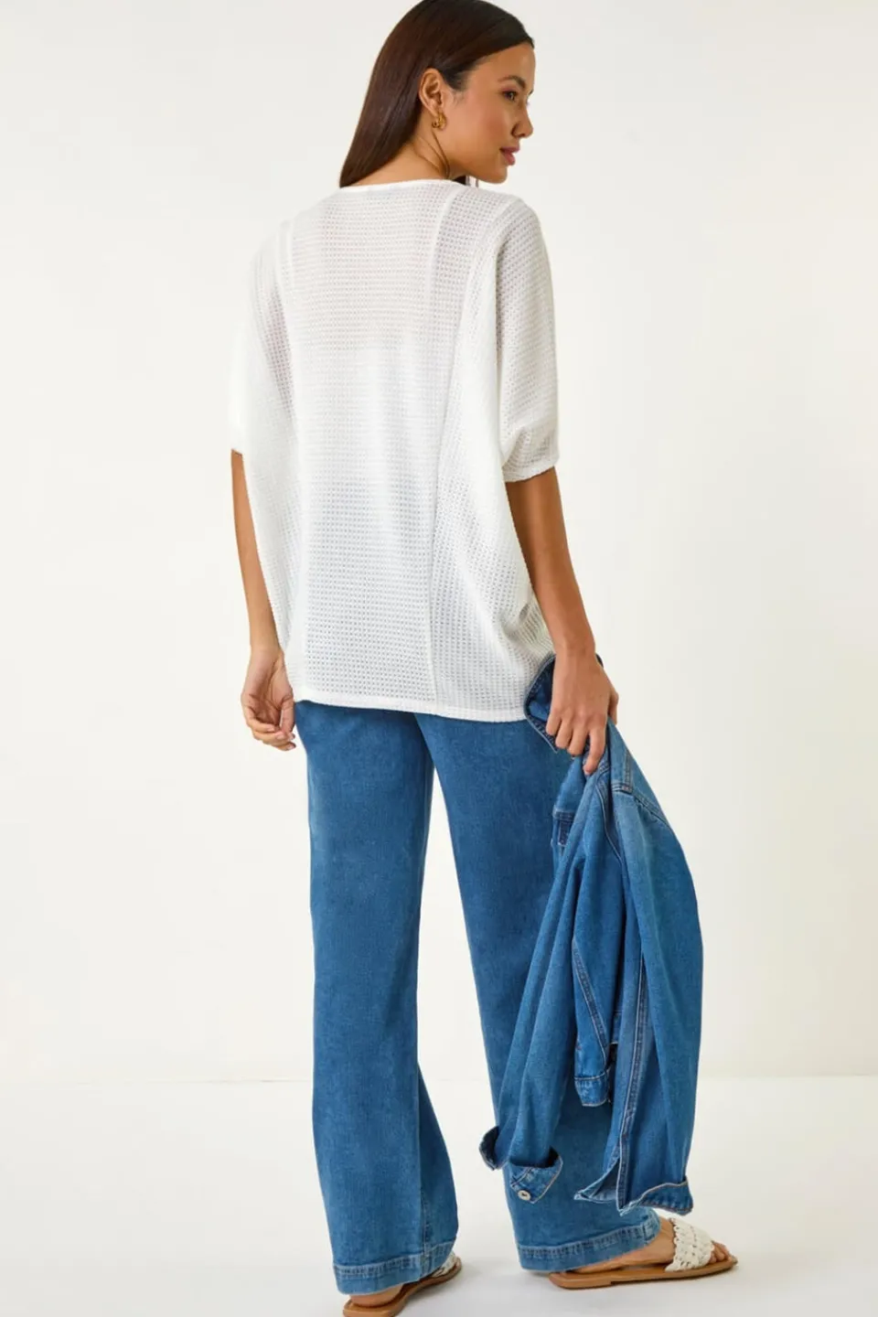 T-Shirts>Roman White Textured V-Neck Cocoon Stretch Top