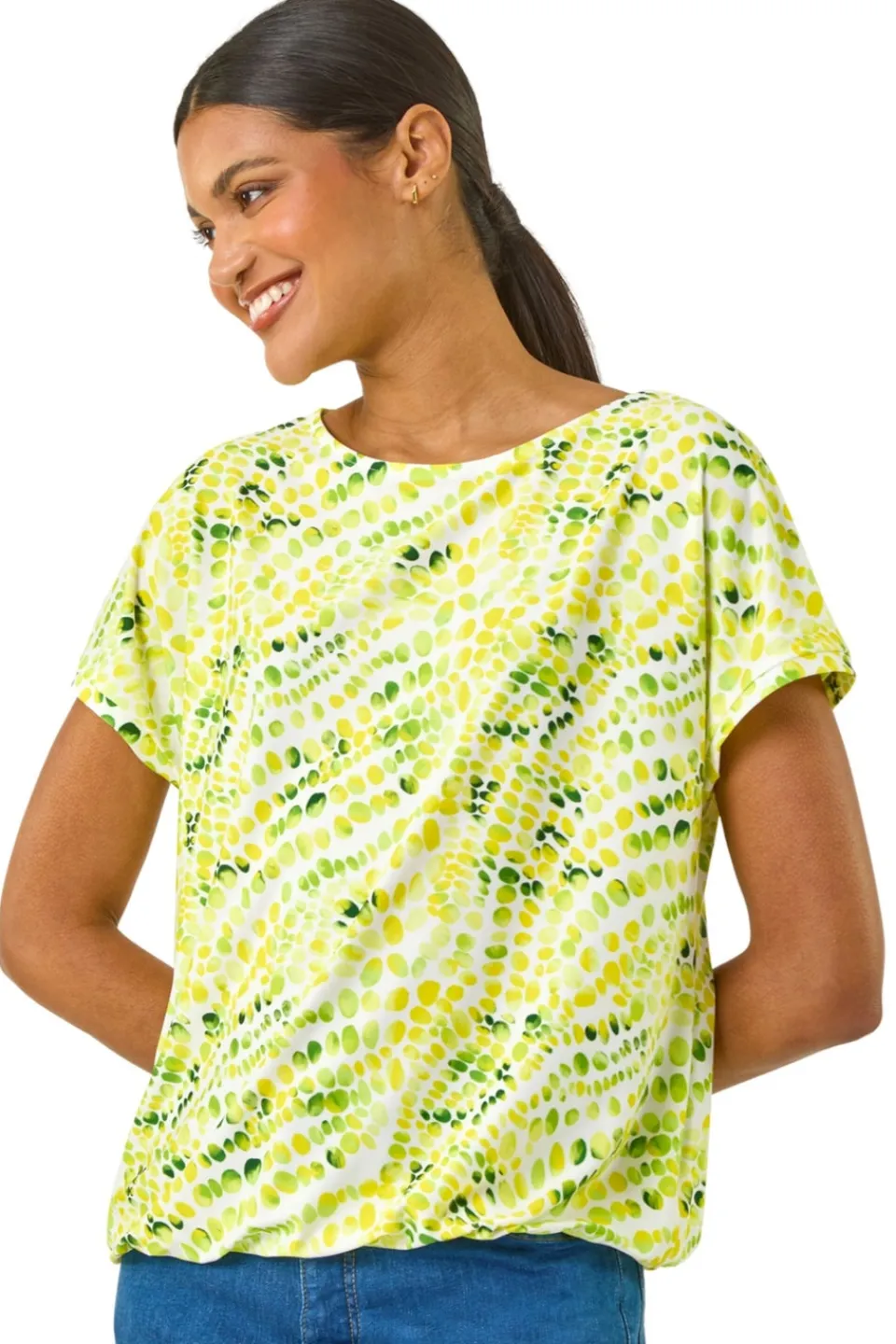 T-Shirts>Roman Yellow Abstract Print Bubble Hem Top