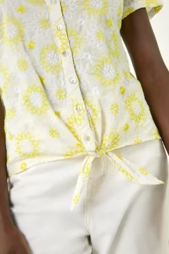 Tops>Roman Yellow Cotton Broidery Tie Front Blouse