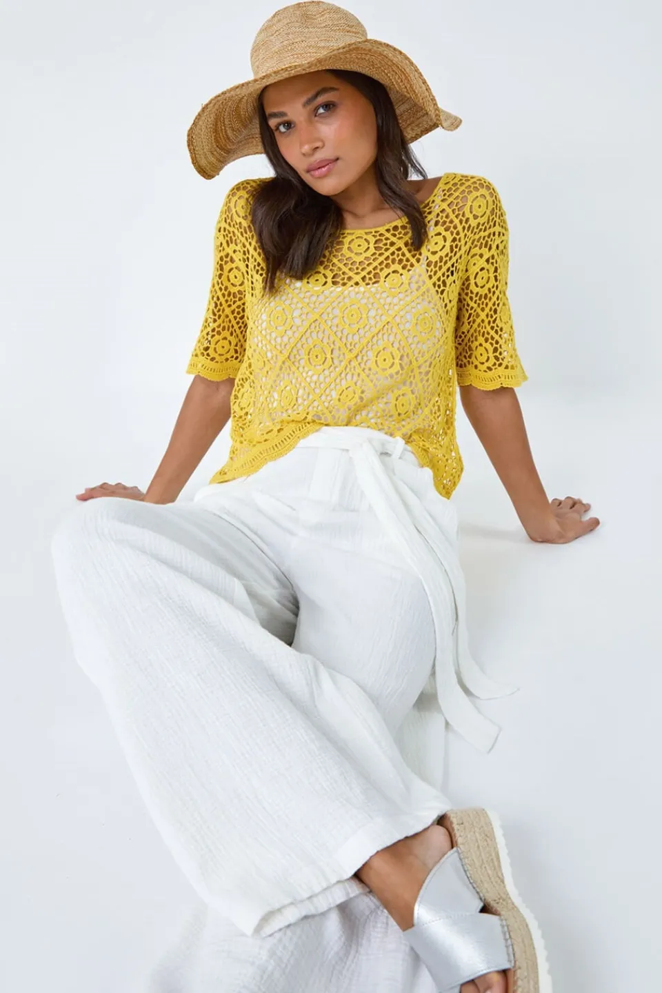 T-Shirts>Roman Yellow Cotton Crochet T-Shirt