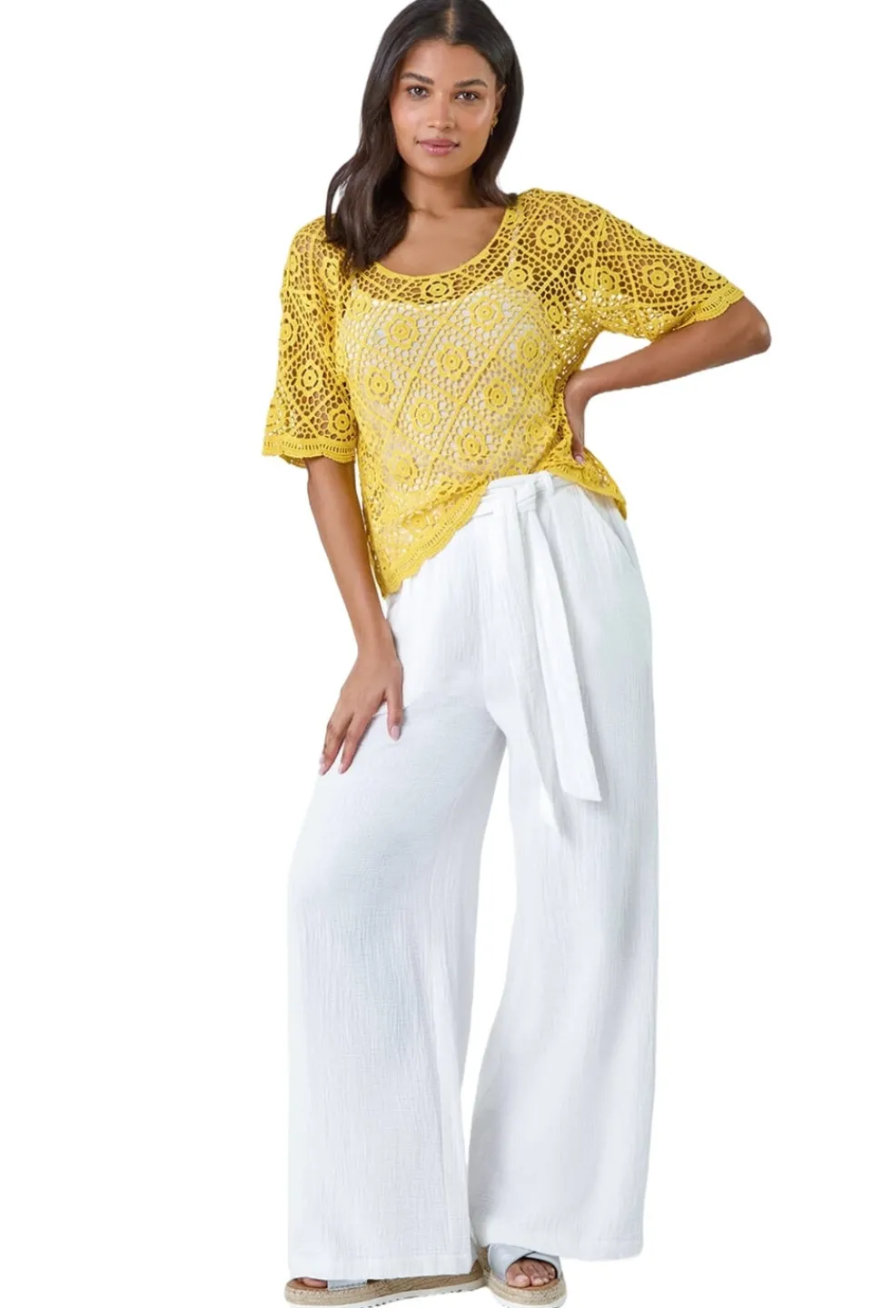 T-Shirts>Roman Yellow Cotton Crochet T-Shirt