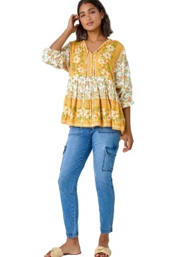 Tops>Roman Yellow Floral Border Print V-Neck Overshirt