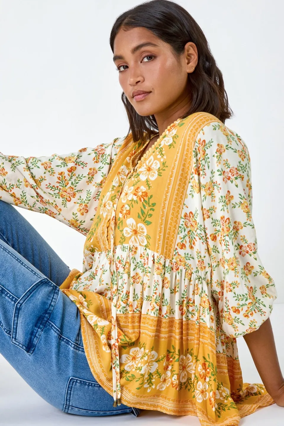 Tops>Roman Yellow Floral Border Print V-Neck Overshirt