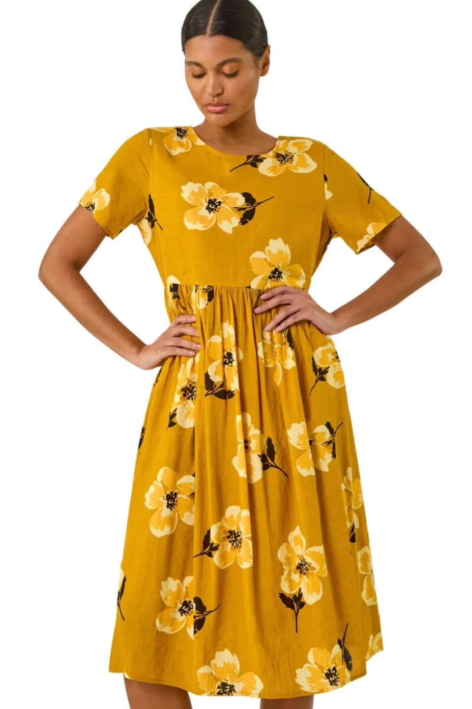 Dresses>Roman Yellow Floral Print Smock Midi Dress