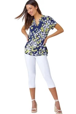 Tops>Roman Yellow Floral Puff Print V-Neck Pleat Front Top