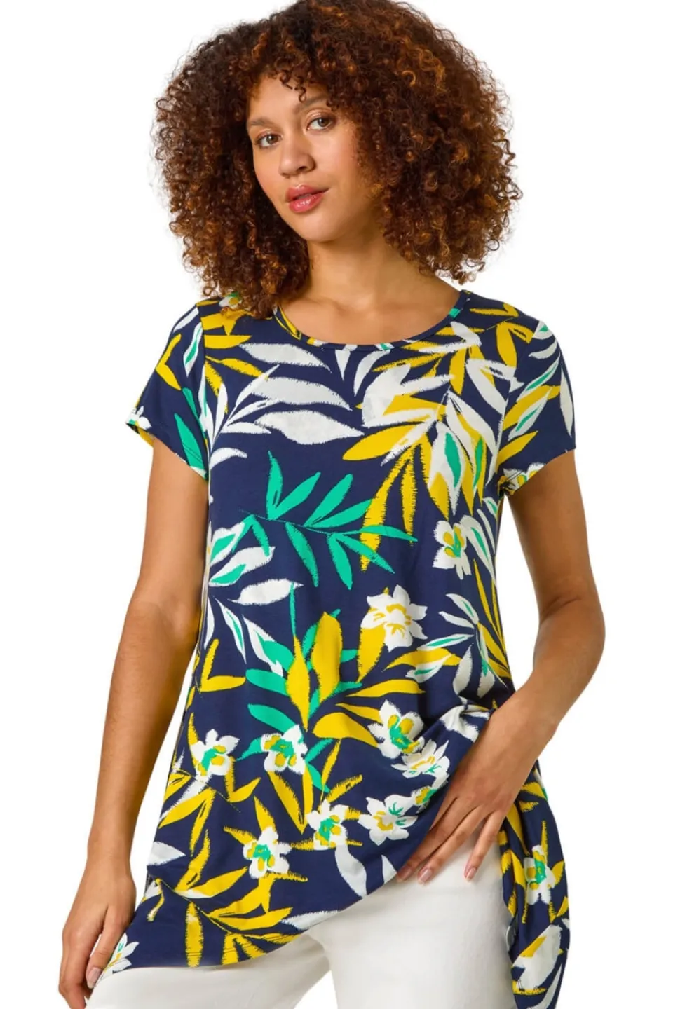 Tops>Roman Yellow Leaf Print Hanky Hem Tunic Top