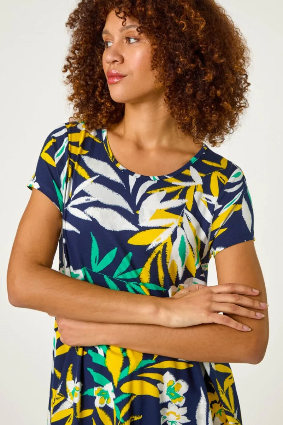 Tops>Roman Yellow Leaf Print Hanky Hem Tunic Top