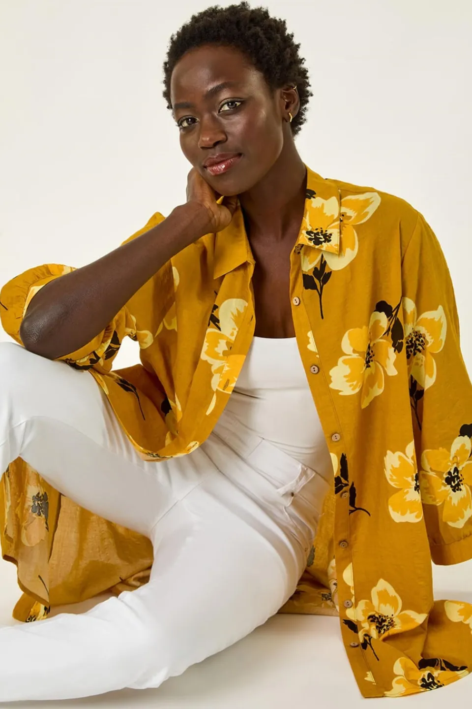 Tops>Roman Yellow Longline Floral Print Blouse