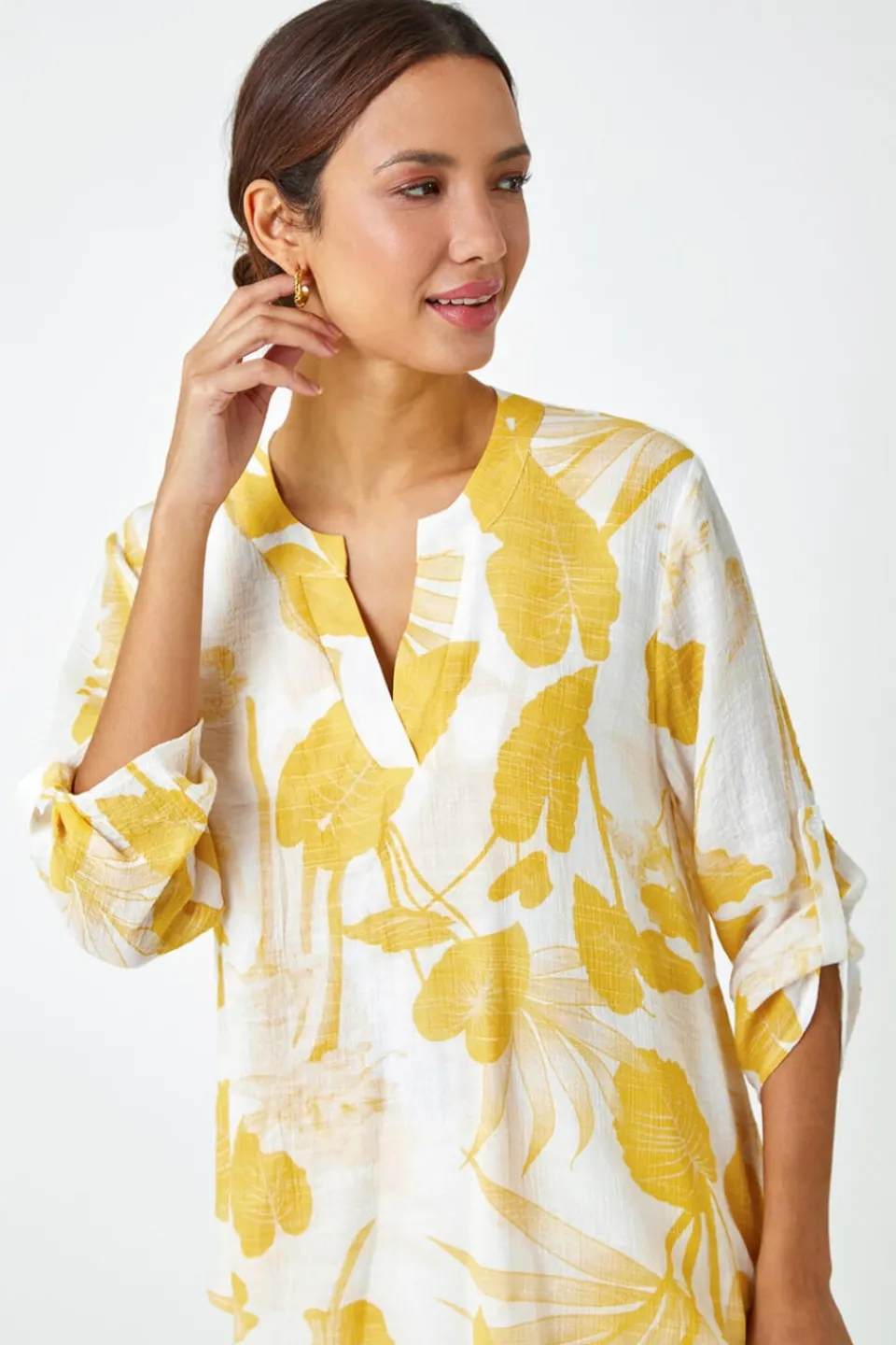T-Shirts>Roman Palm Print V-Neck Wrap Hem Tunic Top Yellow