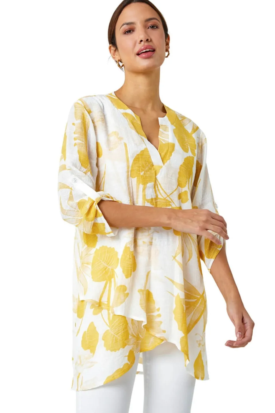 T-Shirts>Roman Palm Print V-Neck Wrap Hem Tunic Top Yellow