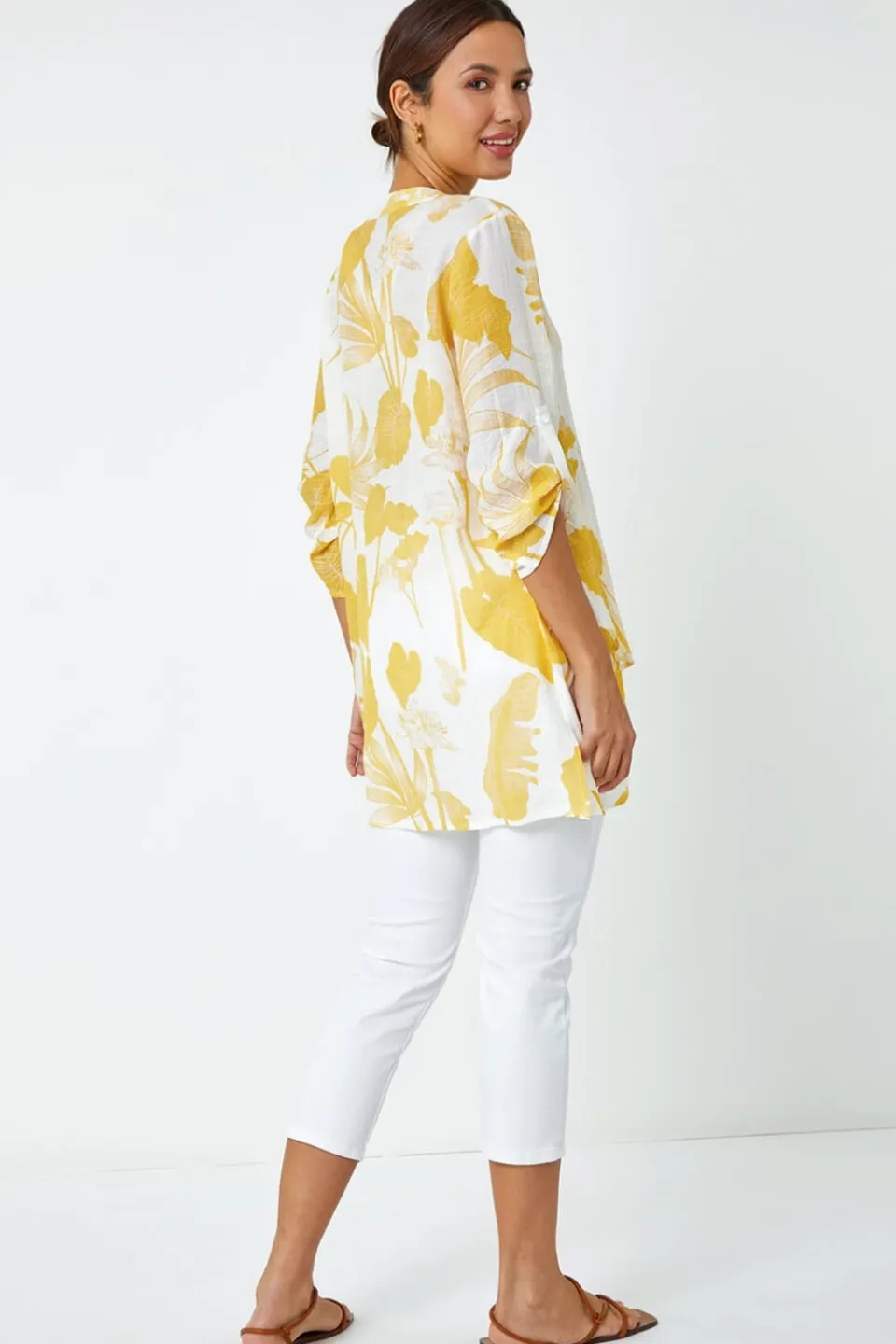T-Shirts>Roman Palm Print V-Neck Wrap Hem Tunic Top Yellow
