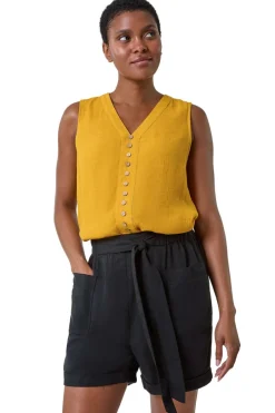 Tops>Roman Yellow Sleeveless Button Detail Vest