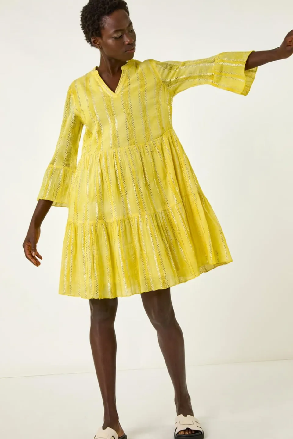 Dresses>Roman Yellow Tie Dye Shimmer Smock Dress
