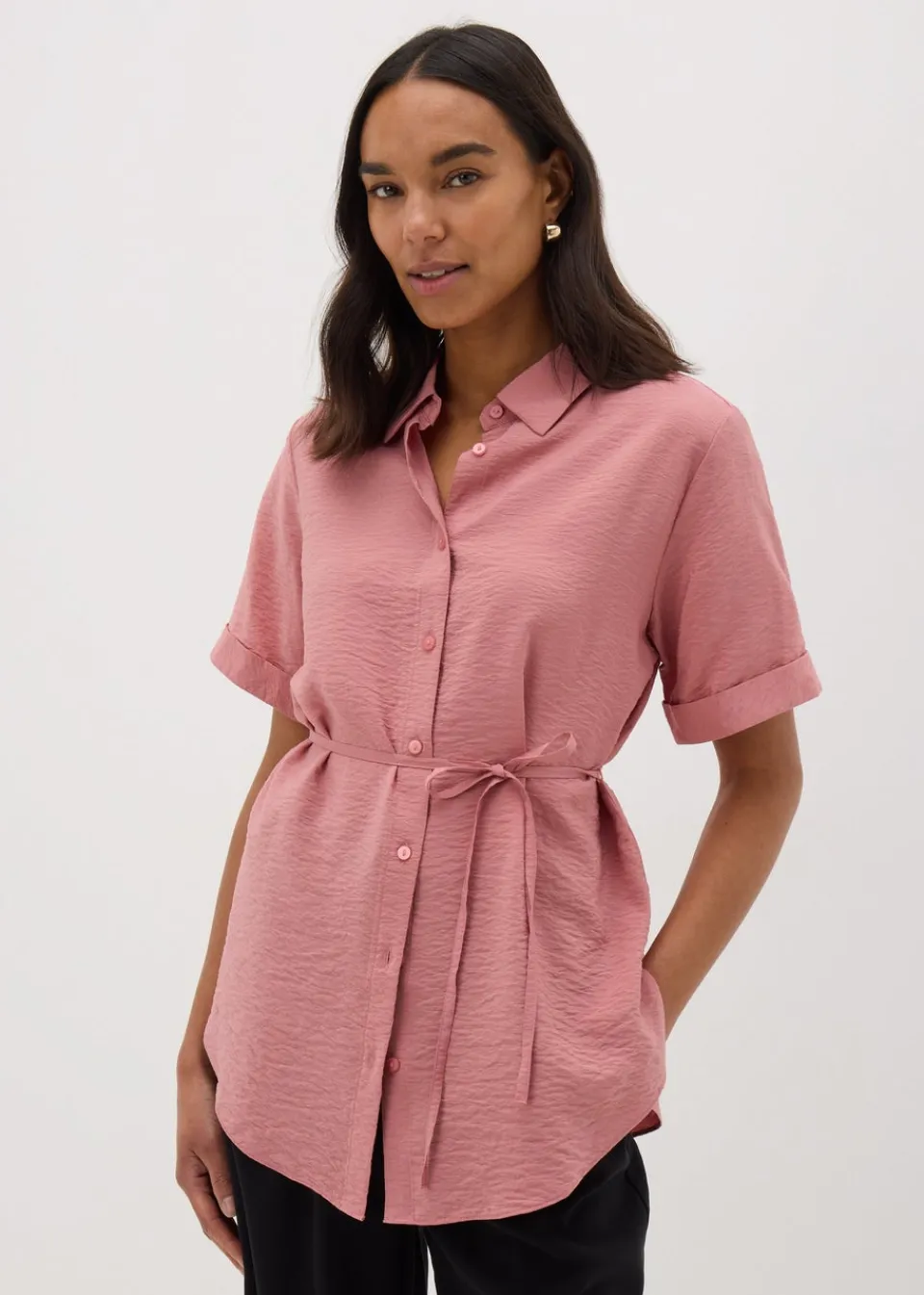 Tops>Papaya Rose Pink Tie Waist Longline Shirt