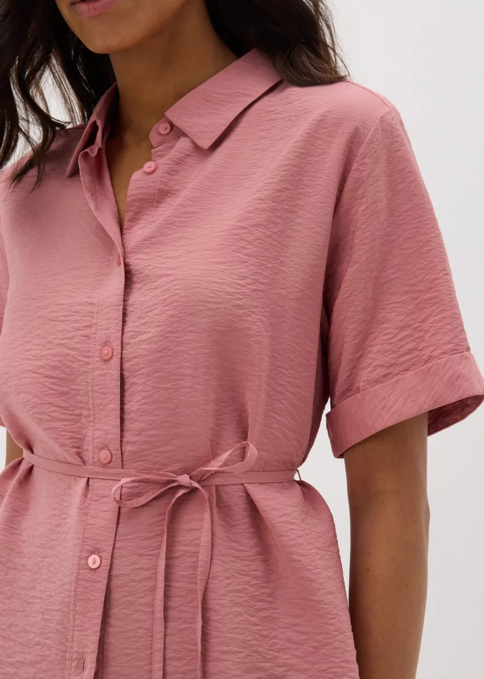 Tops>Papaya Rose Pink Tie Waist Longline Shirt