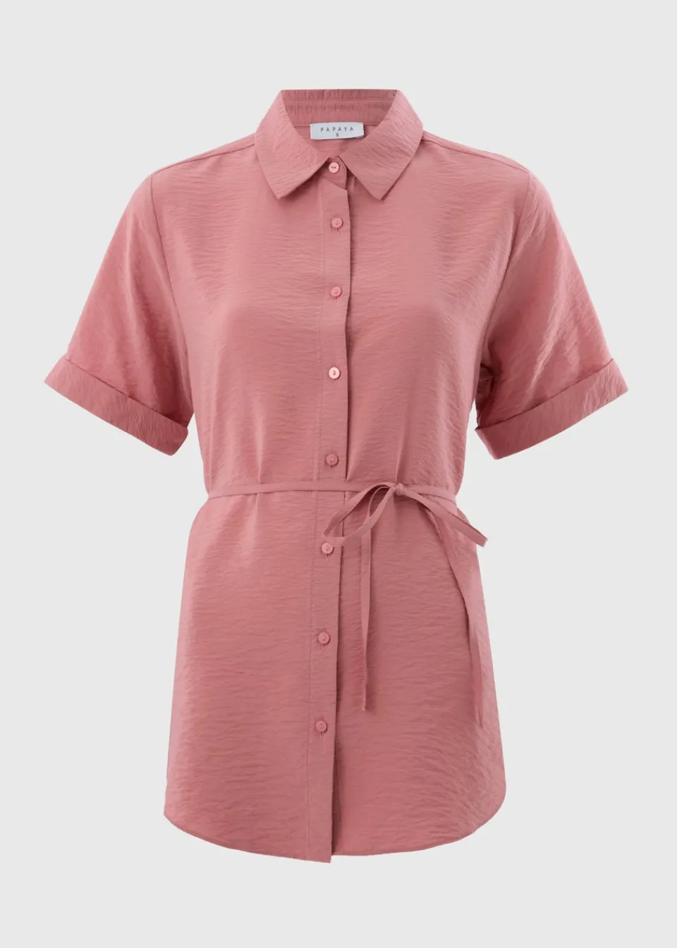 Tops>Papaya Rose Pink Tie Waist Longline Shirt