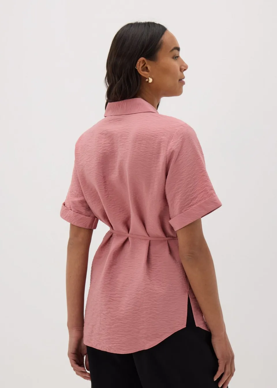 Tops>Papaya Rose Pink Tie Waist Longline Shirt