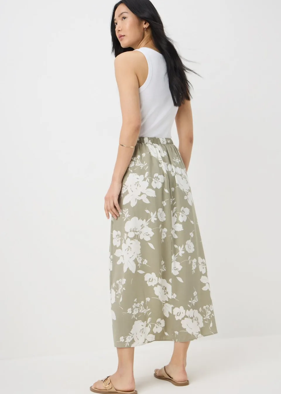Skirts>Papaya Sage Green Floral Flared Hem Midaxi Skirt