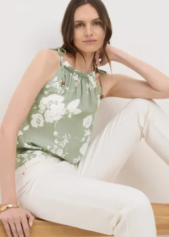 Tops>Papaya Sage Green Floral High Neck Tie Cami Top