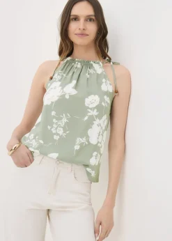 Tops>Papaya Sage Green Floral High Neck Tie Cami Top