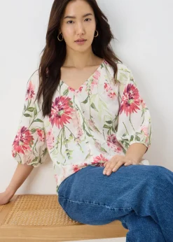 Tops>Papaya Sage Green Floral Tea Blouse