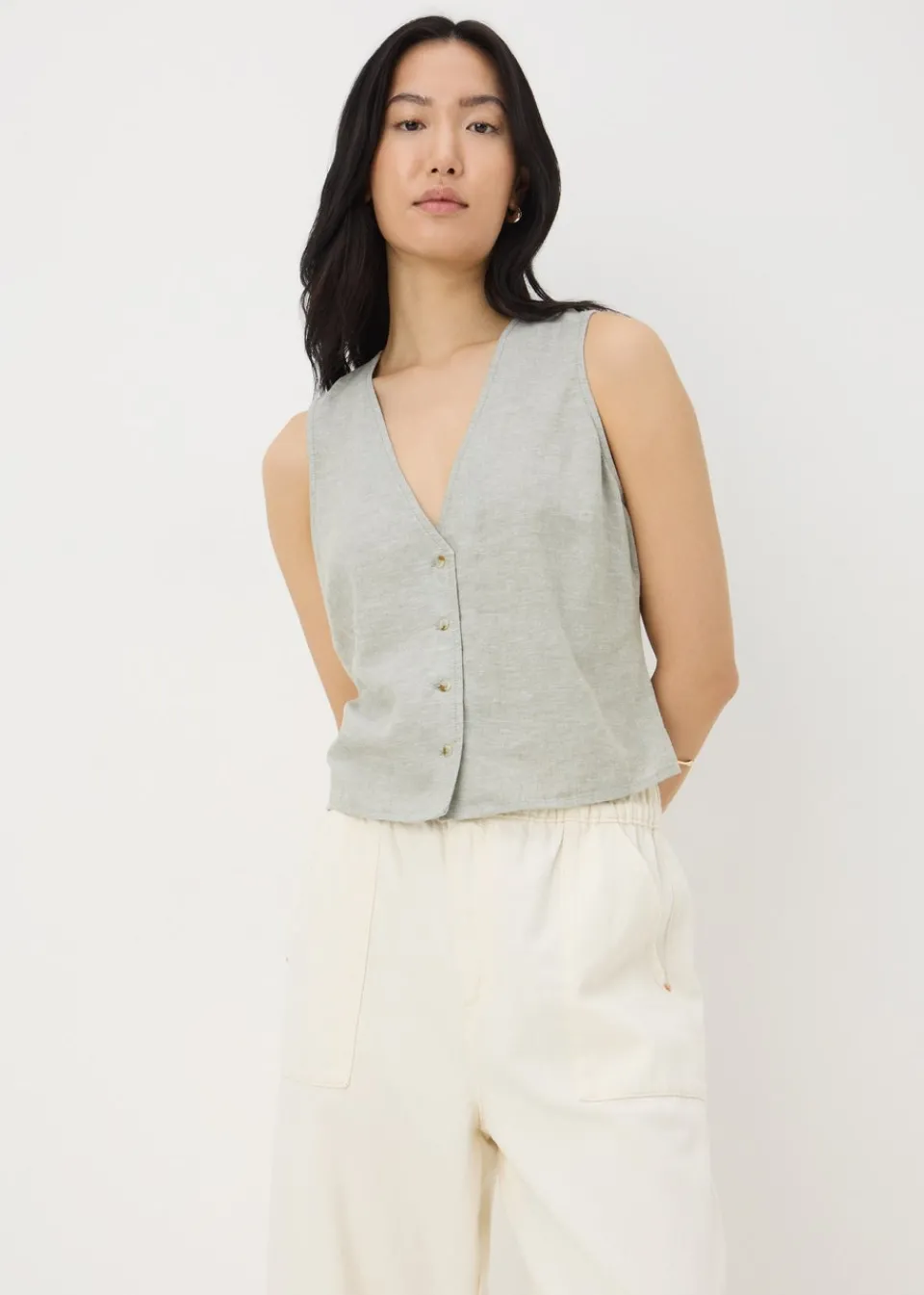 Tops>Papaya Sage Green Linen Blend Button Up Vest Top Sagegreen
