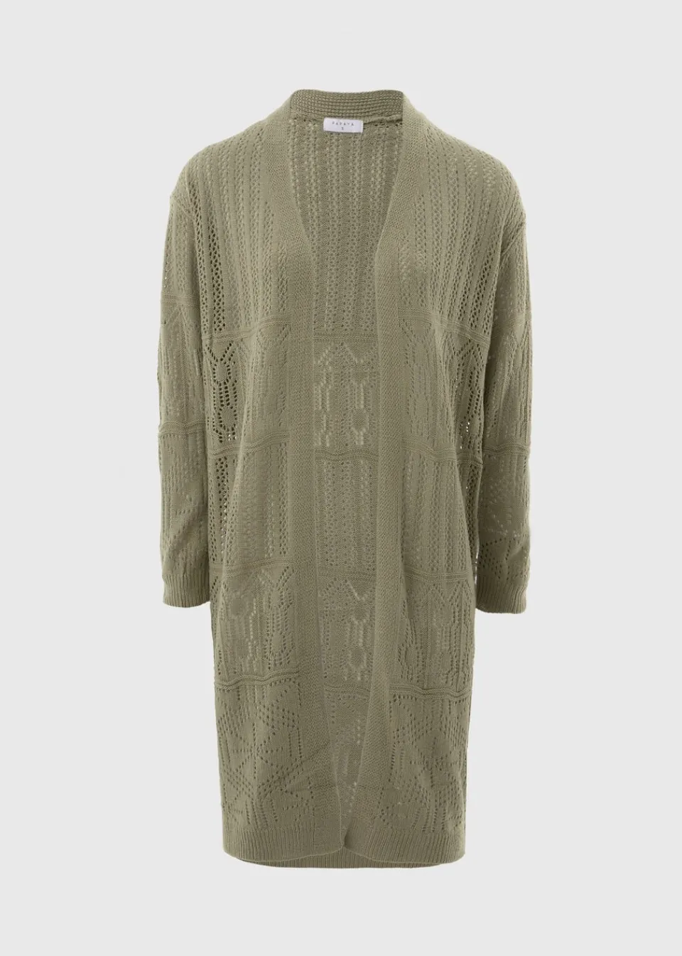 Knitwear>Papaya Sage Green Pointelle Longline Cardigan Sagegreen
