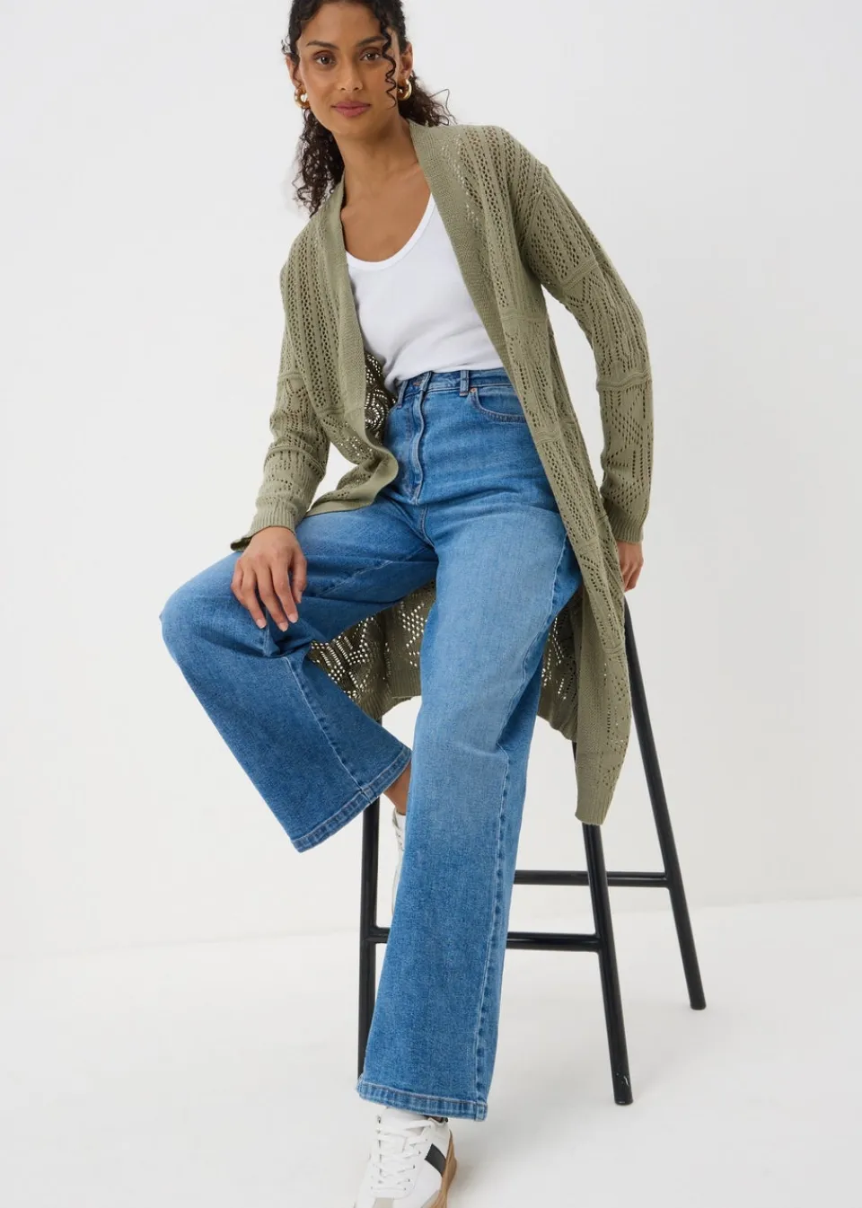 Knitwear>Papaya Sage Green Pointelle Longline Cardigan Sagegreen