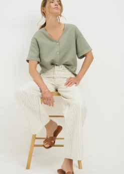 Tops>Papaya Sage Green Short Sleeve V-Neck Shirt