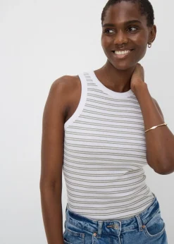 Tops>Papaya Sage Green Stripe High Neck Vest Top