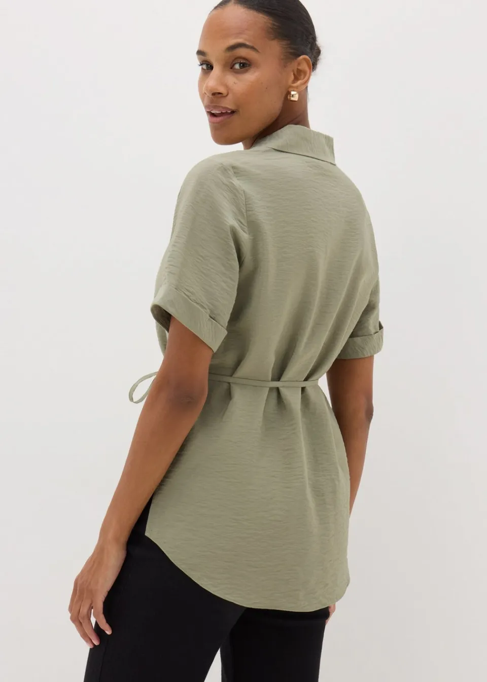 Tops>Papaya Sage Green Tie Waist Longline Shirt