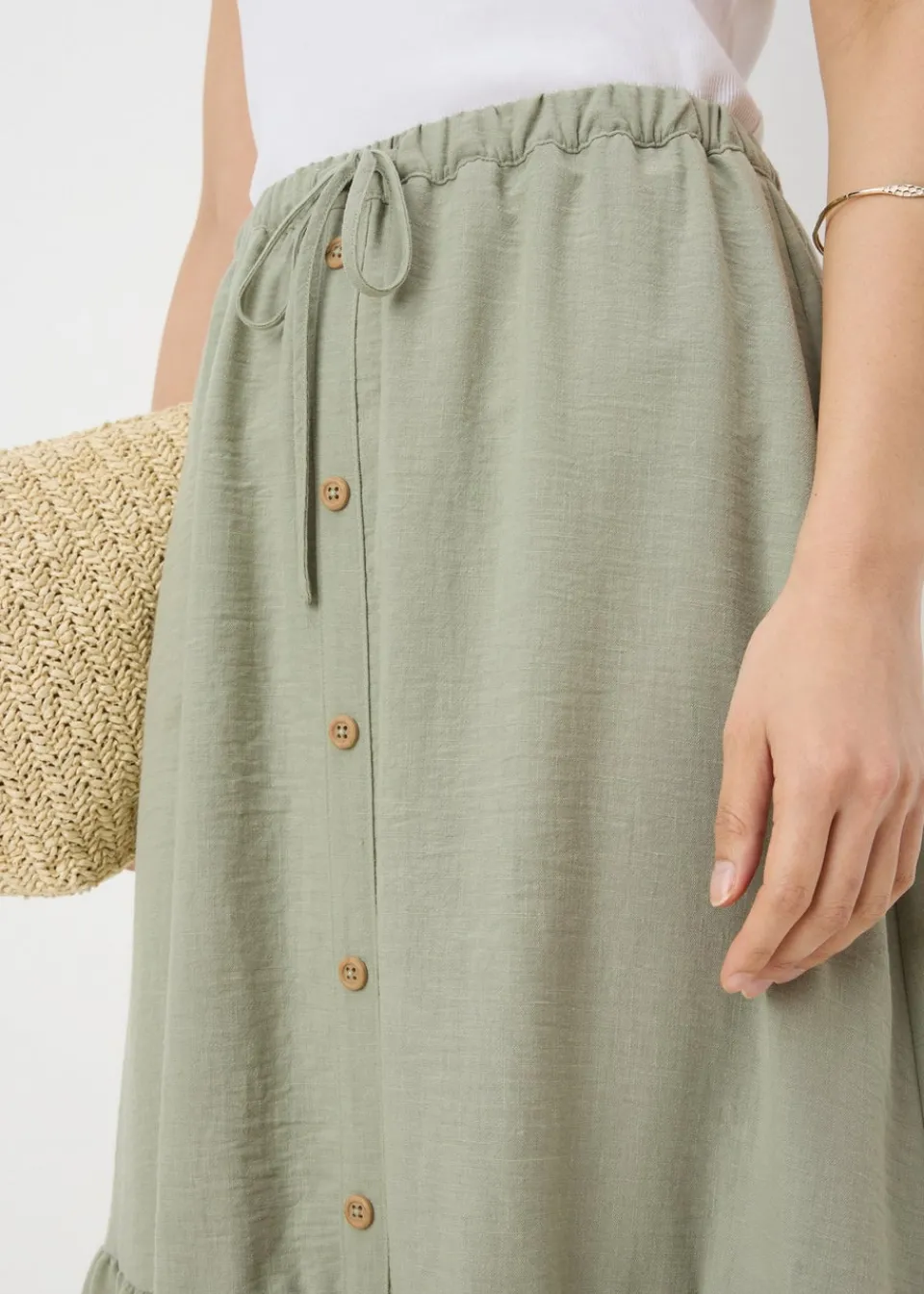 Skirts>Papaya Sage Green Tiered Button Front Midaxi Skirt