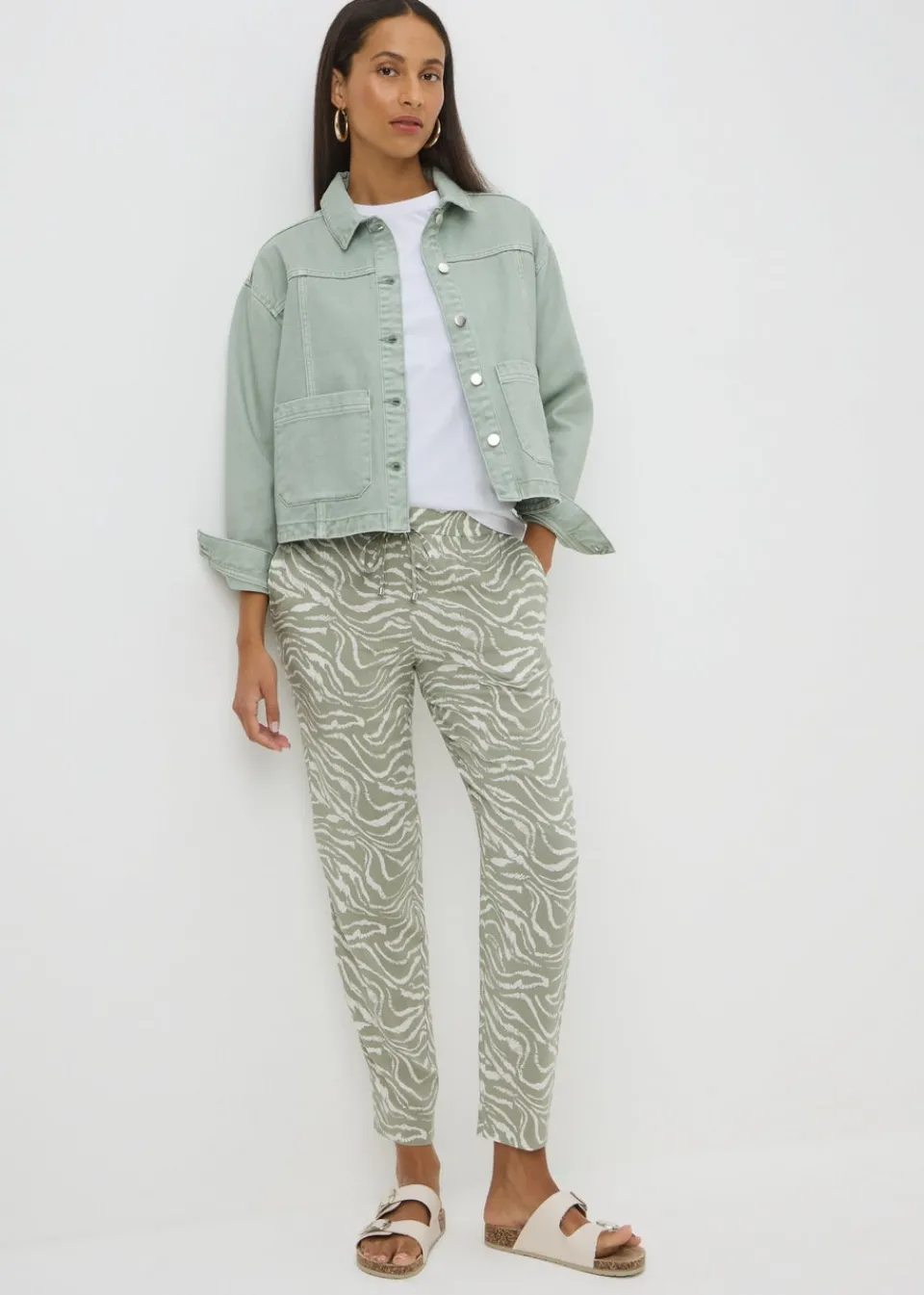 Trousers>Papaya Sage Green Zebra Print Tapered Trousers